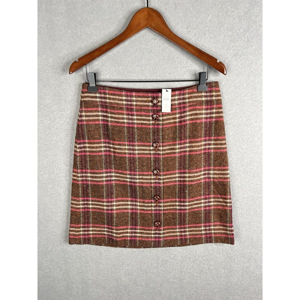Talbots Women's Plaid Wool Pencil Skirt 6P Brown‎ Pink Button Closure Lined